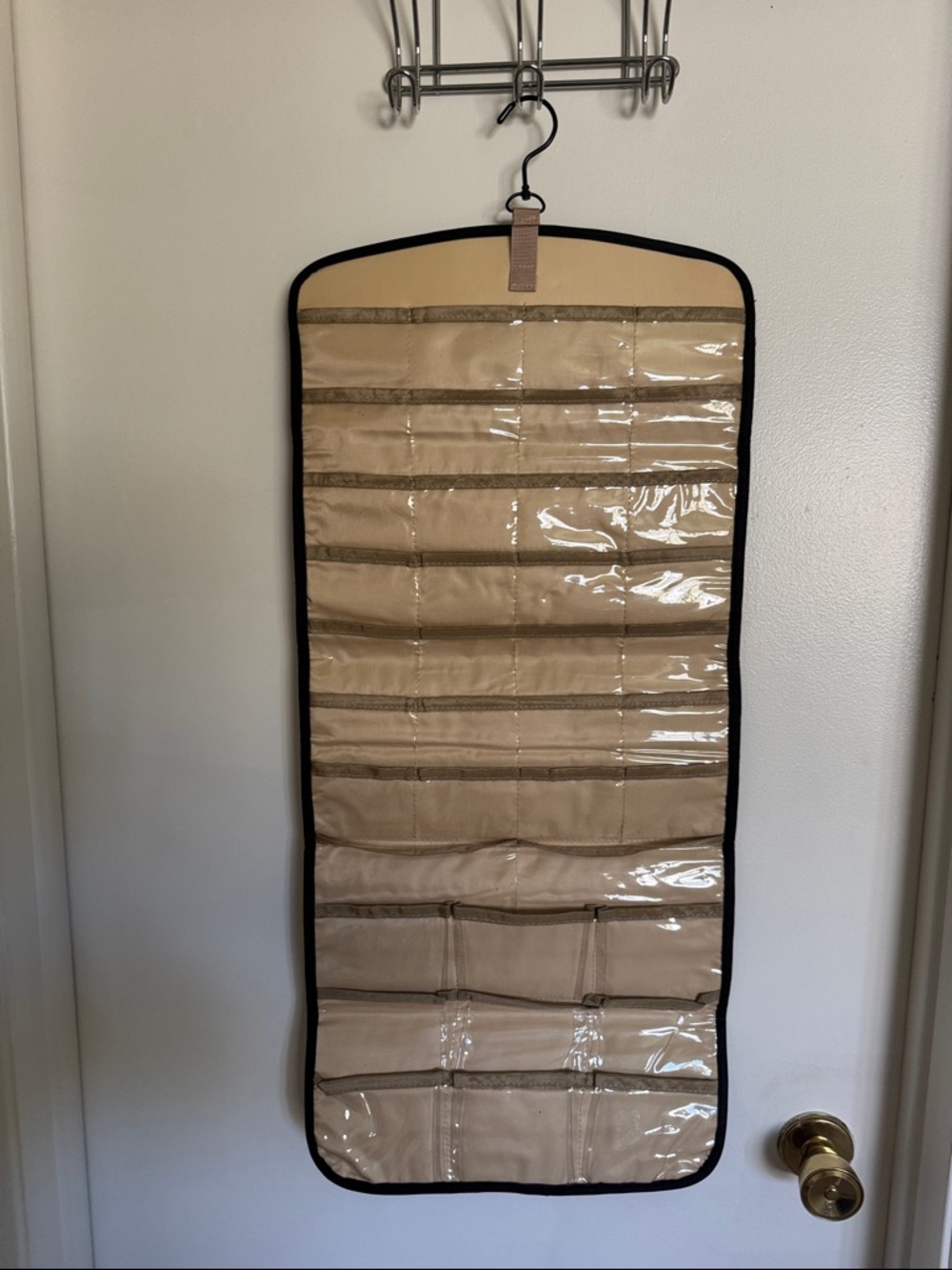 Beige Hanging Jewelry and Accessory Organizer with Clear Pockets